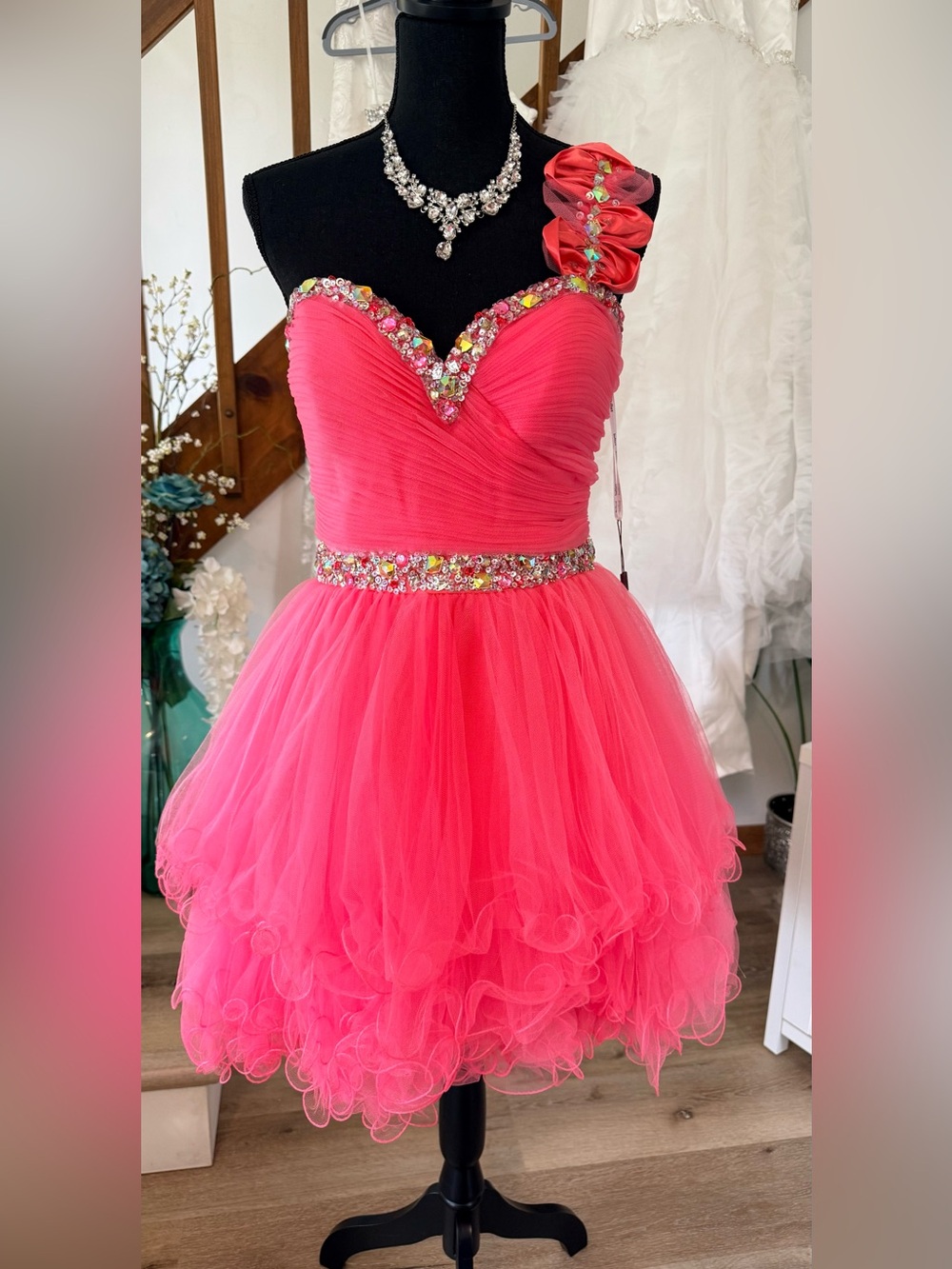 Hot Pink One-Shoulder Tulle Party Dress with Crystal Trim